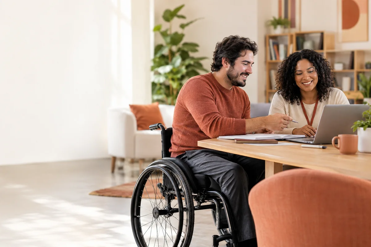 Accessible Workplace | CAQA Updates Two colleagues collaborate on a laptop in an accessible office, demonstrating learner support within the vet sector.