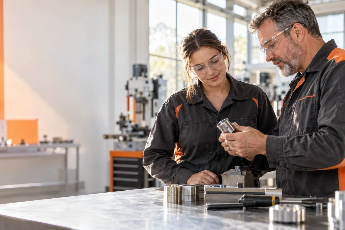 Apprenticeships & Pathways | CAQA Updates A mentor guides an apprentice inspecting metal parts during workshop training, highlighting apprenticeships and pathways in.