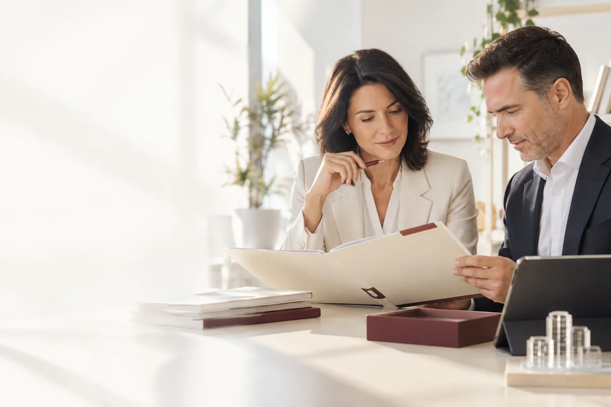 Compliance Review | CAQA Updates Two professionals review documents and a tablet during a compliance check for the vet sector.