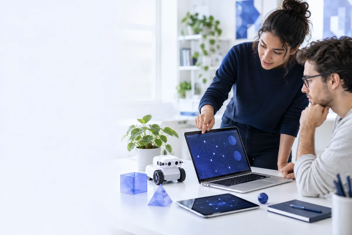 Digital AI | CAQA Updates Two people collaborate on a coding project with a robot and laptop, showcasing advancements in digital learning.