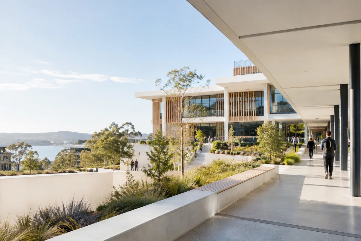 Education Precinct | CAQA Updates Modern education precinct with landscaping and a waterfront view represents sector news.