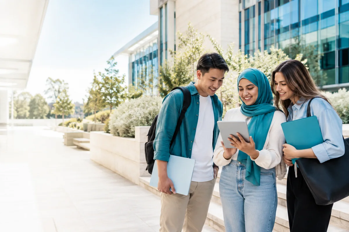 International Education | CAQA Updates Three students collaborate on a tablet outdoors, showcasing modern higher education and the vet sector.