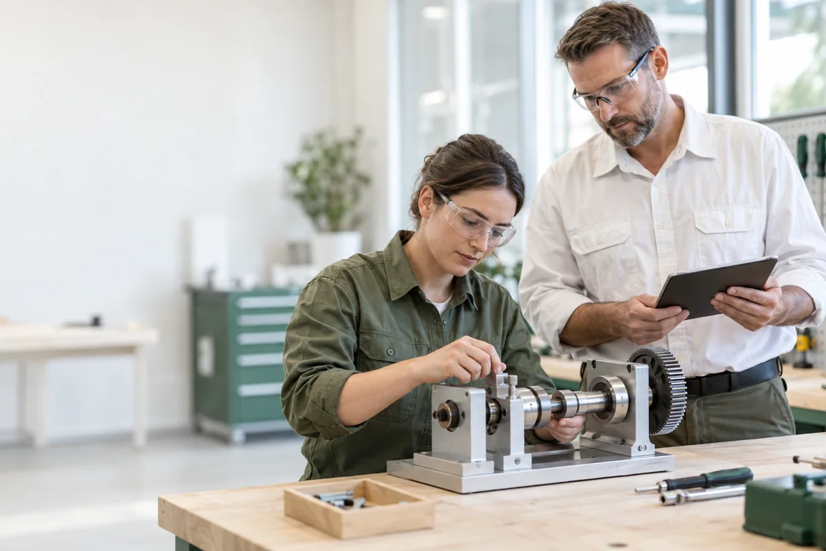 Mechanical Engineering | CAQA Updates An instructor guides a student through a mechanical engineering project, demonstrating practical skills assessment.