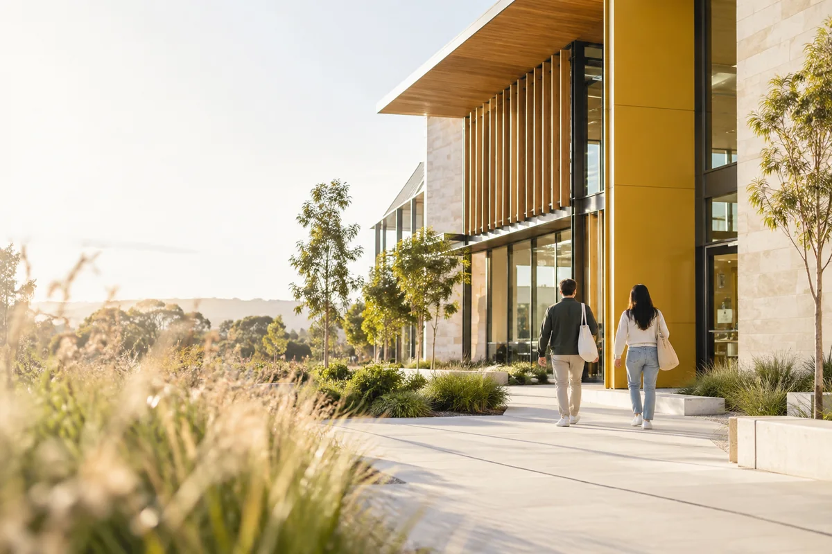 University Campus | CAQA Updates Students walk towards a university building, representing access to vocational training.