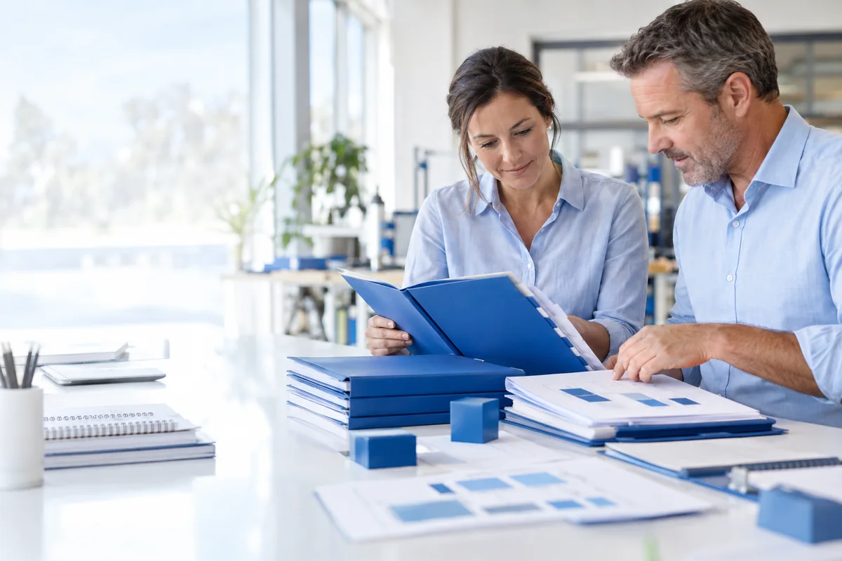 Training Products | CAQA Updates Two colleagues review documents and charts, showcasing training products within a modern office environment.