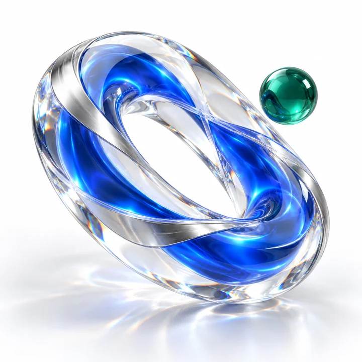 A clear glass sculpture features a swirling blue design with an emerald sphere nearby.